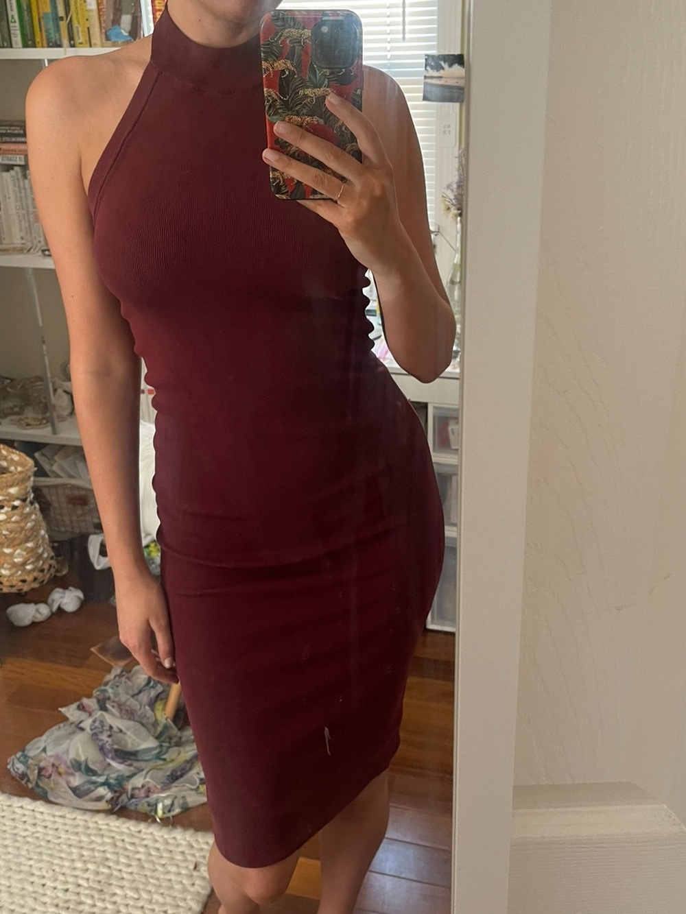 Zara Halter Bodycon Midi Dress in Burgundy